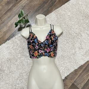 Victoria's Secret PINK Medium Black Vibrant Floral Lace Strappy Smocked Bralette